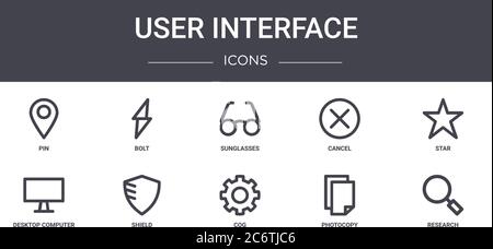 user interface concept line icons set. contains icons usable for web, logo, ui/ux such as bolt, cancel, desktop computer, cog, photocopy, research, st Stock Vector
