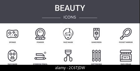 beauty concept line icons set. contains icons usable for web, logo, ui/ux such as powder, sunscreen, face mask, , cotton bud, face cream, pocket mirro Stock Vector