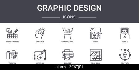 graphic design concept line icons set. contains icons usable for web, logo, ui/ux such as creative, table, camera, printer, crop tool, pen tool, ai fi Stock Vector