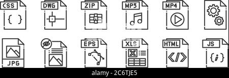 12 set of linear file type icons. thin outline icons such as js file, xls file, file, mp zip dwg for web, mobile Stock Vector