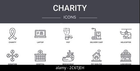 charity concept line icons set. contains icons usable for web, logo, ui/ux such as laptop, delivery cart, donation, rescue boat, pet shelter, lunchroo Stock Vector