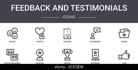 feedback and testimonials concept line icons set. contains icons usable for web, logo, ui/ux such as hearts, testimonial, quotation marks, trophy, not Stock Vector