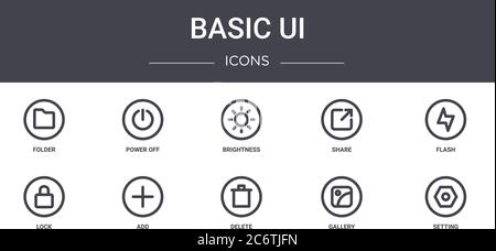 basic ui concept line icons set. contains icons usable for web, logo, ui/ux such as power off, share, lock, delete, gallery, setting, flash, brightnes Stock Vector