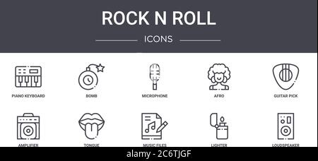 rock n roll concept line icons set. contains icons usable for web, logo, ui/ux such as bomb, afro, amplifier, music files, lighter, loudspeaker, guita Stock Vector