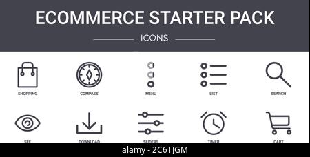 ecommerce starter pack concept line icons set. contains icons usable for web, logo, ui/ux such as compass, list, see, sliders, timer, cart, search, me Stock Vector