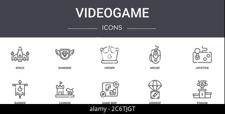videogame concept line icons set. contains icons usable for web, logo, ui/ux such as diamond, mouse, banner, game map, airdrop, podium, joystick, crow Stock Vector