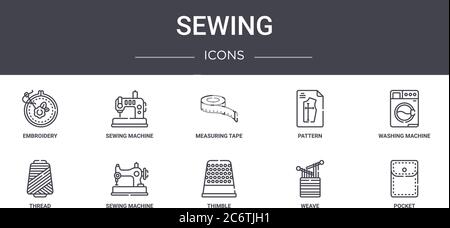 sewing concept line icons set. contains icons usable for web, logo, ui/ux such as sewing machine, pattern, thread, thimble, weave, pocket, washing mac Stock Vector