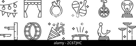 12 set of linear circus icons. thin outline icons such as spinning plates, trampoline, wheel, unicycle, ring of fire, curtain for web, mobile Stock Vector