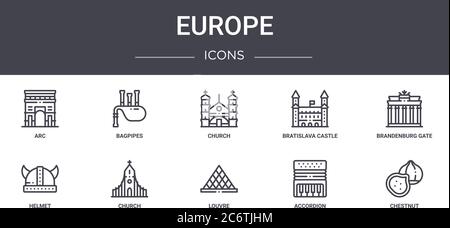 europe concept line icons set. contains icons usable for web, logo, ui/ux such as bagpipes, bratislava castle, helmet, louvre, accordion, chestnut, br Stock Vector