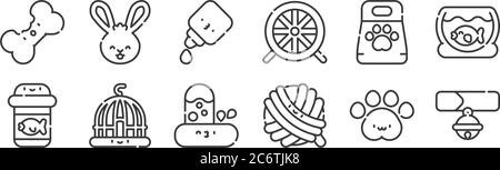 12 set of linear pets icons. thin outline icons such as collar, cat toy, cage, pet food, dropper, rabbit for web, mobile Stock Vector