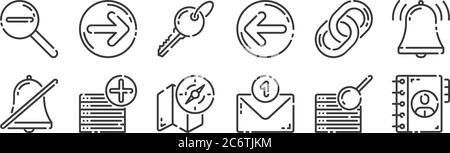 12 set of linear user interface icons. thin outline icons such as contact book, new email, add database, link, key, next for web, mobile Stock Vector