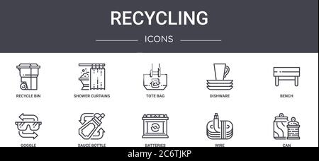 recycling concept line icons set. contains icons usable for web, logo, ui/ux such as shower curtains, dishware, goggle, batteries, wire, can, bench, t Stock Vector