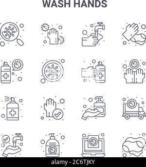 set of 16 wash hands concept vector line icons. 64x64 thin stroke icons such as virus, cleaning spray, covid, washing hand, hand sanitizer, soap, medi Stock Vector