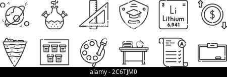 12 set of linear academy icons. thin outline icons such as whiteboard, desk, schedule, lithium, ruler, chemistry for web, mobile Stock Vector