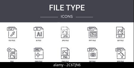 file type concept line icons set. contains icons usable for web, logo, ui/ux such as ai file, ppt file, png zip eps gif jpg Stock Vector