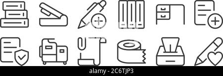 12 set of linear work office supply icons. thin outline icons such as favorite, tissue roll, machine, desk, stylus, stapler for web, mobile Stock Vector