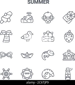 set of 16 summer concept vector line icons. 64x64 thin stroke icons such as whale, palm tree, strawberry, chameleon, sun, sunscreen, shell, island, be Stock Vector