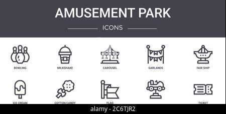 amusement park concept line icons set. contains icons usable for web, logo, ui/ux such as milkshake, garlands, ice cream, flag, , ticket, fair ship, c Stock Vector