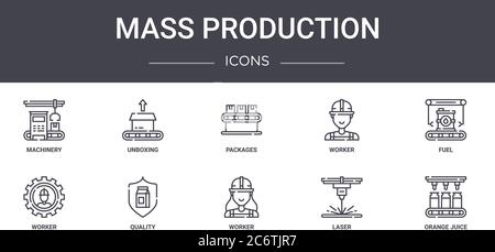 mass production concept line icons set. contains icons usable for web, logo, ui/ux such as unboxing, worker, worker, worker, laser, orange juice, fuel Stock Vector