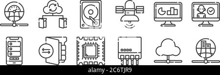 12 set of linear database and servers icons. thin outline icons such as public, switch, file transfer, statistic, hard disk drive, file for web, mobil Stock Vector
