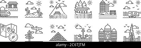 12 set of linear tourism icons. thin outline icons such as burj khalifa, anchor, travel, town, cruise ship, desert for web, mobile Stock Vector