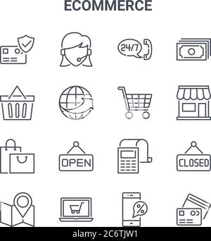 set of 16 ecommerce concept vector line icons. 64x64 thin stroke icons such as client support, shopping basket, shopping store, receipt, online shoppi Stock Vector