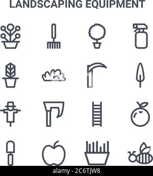 set of 16 landscaping equipment concept vector line icons. 64x64 thin stroke icons such as rake, plant pot, tree, ladder, apple, bee, grass, axe, spra Stock Vector