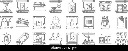 mass production line icons. linear set. quality vector line set such as consumer, cupcakes, engineers, quality, product, box, machinery, remote contro Stock Vector