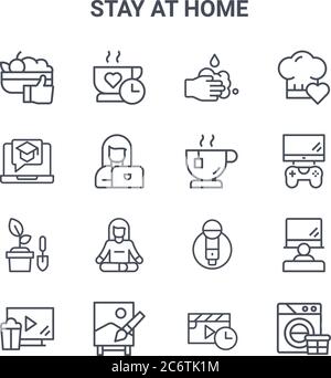 set of 16 stay at home concept vector line icons. 64x64 thin stroke icons such as coffee time, online education, playing videogame, karaoke, paint, wa Stock Vector