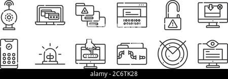 12 set of linear hacker icons. thin outline icons such as spy, malware, alarm, unlock, personal data, alert for web, mobile Stock Vector