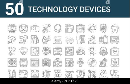 set of 50 technology devices icons. outline thin line icons such as usb charger, usb, ram, usb, cctv camera, music player, vinyl Stock Vector