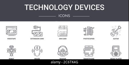 technology devices concept line icons set. contains icons usable for web, logo, ui/ux such as extension cord, photocopier, robot, woofer, smartphone, Stock Vector