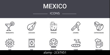 mexico concept line icons set. contains icons usable for web, logo, ui/ux such as avocado, churro, sun, mexican, cigar, beer mug, coffee beans, tepach Stock Vector