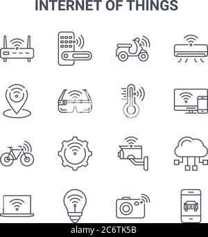 set of 16 internet of things concept vector line icons. 64x64 thin stroke icons such as door lock, gps, smart tv, cctv camera, smart bulb, smartphone, Stock Vector