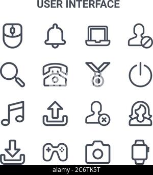 set of 16 user interface concept vector line icons. 64x64 thin stroke icons such as notification bell, search, power, block user, games, smartwatch, c Stock Vector