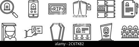 12 set of linear funeral icons. thin outline icons such as cemetery, funeral, funeral, morgue, funeral, for web, mobile Stock Vector