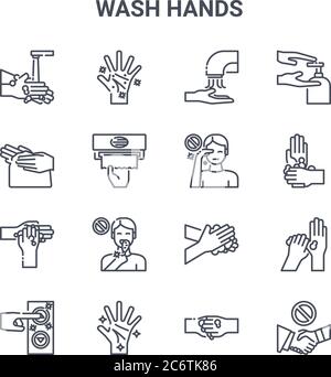 set of 16 wash hands concept vector line icons. 64x64 thin stroke icons such as hand, hand, washing hands, washing hands, hand, shaking washing people Stock Vector