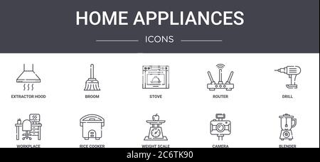 home appliances concept line icons set. contains icons usable for web, logo, ui/ux such as broom, router, workplace, weight scale, camera, blender, dr Stock Vector