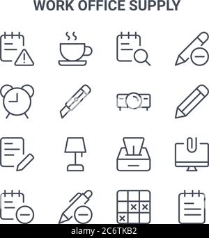 set of 16 work office supply concept vector line icons. 64x64 thin stroke icons such as coffee cup, clock needles, digital controller, tissue box, rem Stock Vector