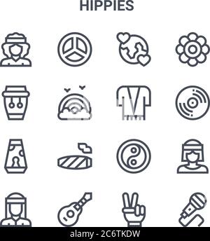 set of 16 hippies concept vector line icons. 64x64 thin stroke icons such as peace, conga, cd, ying yang, guitar, microphone, peace, poncho, flower Stock Vector