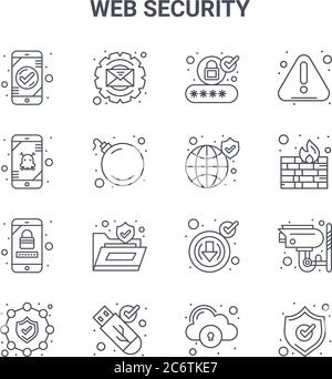 set of 16 web security concept vector line icons. 64x64 thin stroke icons such as process, error, firewalls, download, secure usb, protection, cloud s Stock Vector