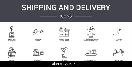 shipping and delivery concept line icons set. contains icons usable for web, logo, ui/ux such as money, cash on delivery, boxes, plane, conveyor belt, Stock Vector