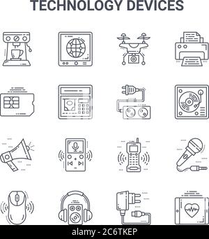 set of 16 technology devices concept vector line icons. 64x64 thin stroke icons such as tablet, simcard, vinyl, walkie talkies, woofer, medical app, u Stock Vector