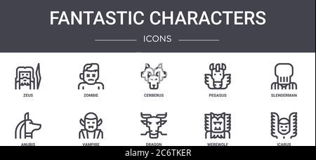 fantastic characters concept line icons set. contains icons usable for web, logo, ui/ux such as zombie, pegasus, anubis, dragon, werewolf, icarus, sle Stock Vector
