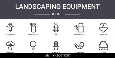 landscaping equipment concept line icons set. contains icons usable for web, logo, ui/ux such as spray bottle, watering can, plant pot, plant pot, cat Stock Vector