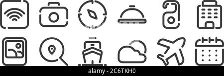 12 set of linear travel icons. thin outline icons such as calendar, weather, search, doorknob, compass, camera for web, mobile Stock Vector