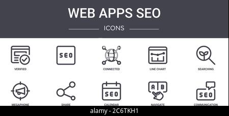 web apps seo concept line icons set. contains icons usable for web, logo, ui/ux such as , line chart, megaphone, calendar, navigate, communication, se Stock Vector