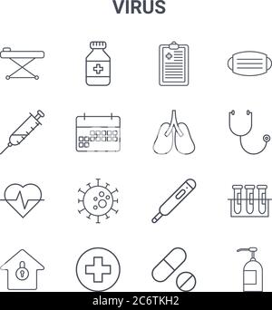 set of 16 virus concept vector line icons. 64x64 thin stroke icons such as pills bottle, syringe, stethoscope, thermometer, cross, soap, pills, lungs, Stock Vector