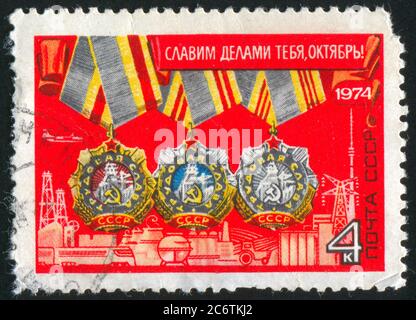 RUSSIA - CIRCA 1974: stamp printed by Russia, shows Order of Labor 1st, 2nd and 3rd Grade, circa 1974 Stock Photo