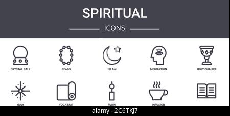 spiritual concept line icons set. contains icons usable for web, logo, ui/ux such as beads, meditation, holy, furin, infusion, , holy chalice, islam Stock Vector